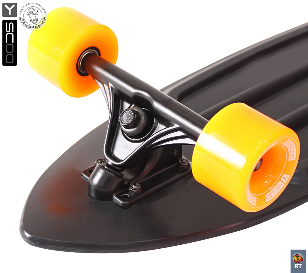 Скейтборд пластиковый Y-Scoo Longboard Shark 409-B с ручкой и сумкой, черно-оранжевый  